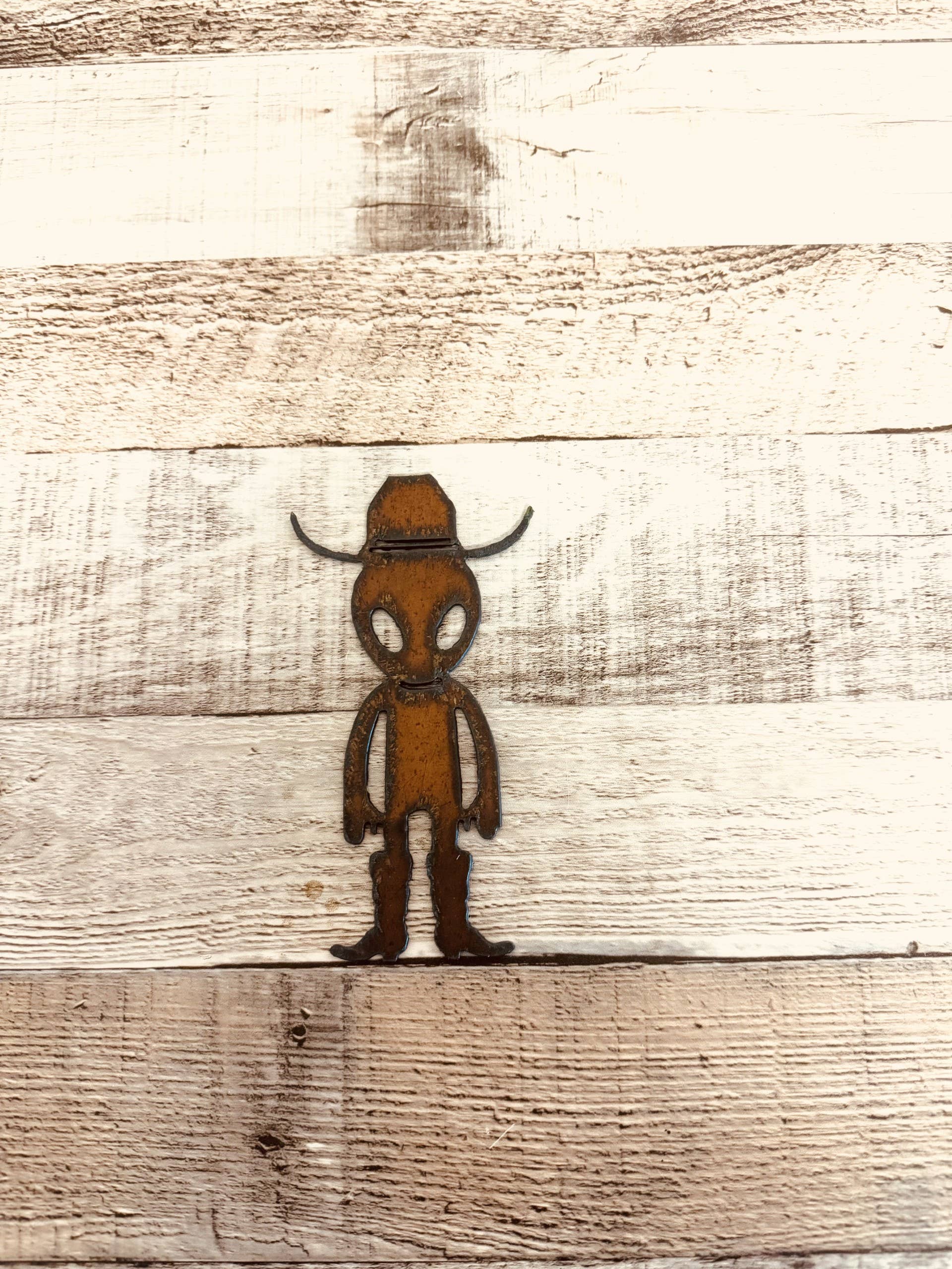 Alien Cowboy Rustic Metal Magnet