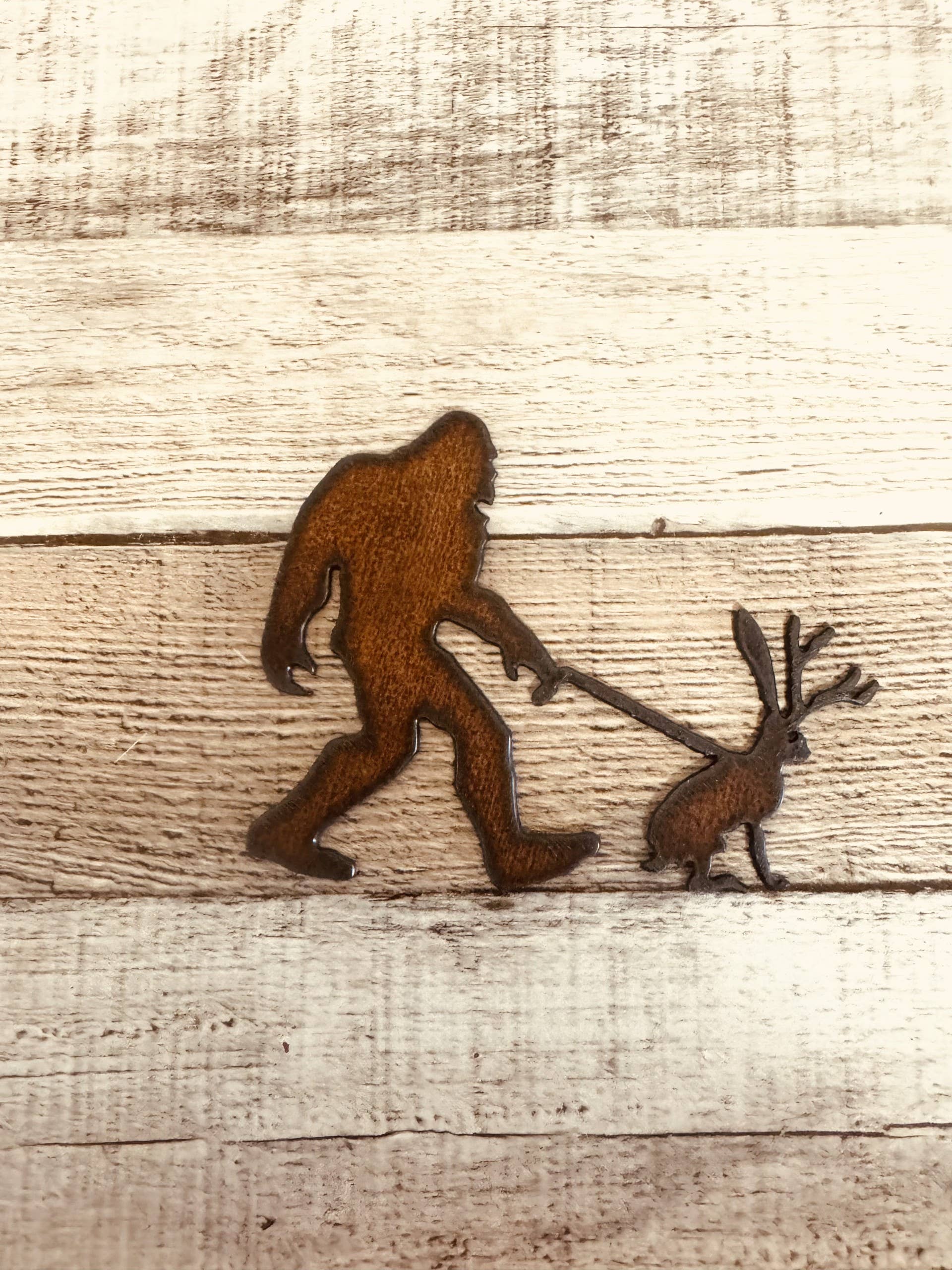 Bigfoot & Jackalope Rustic Metal Magnet
