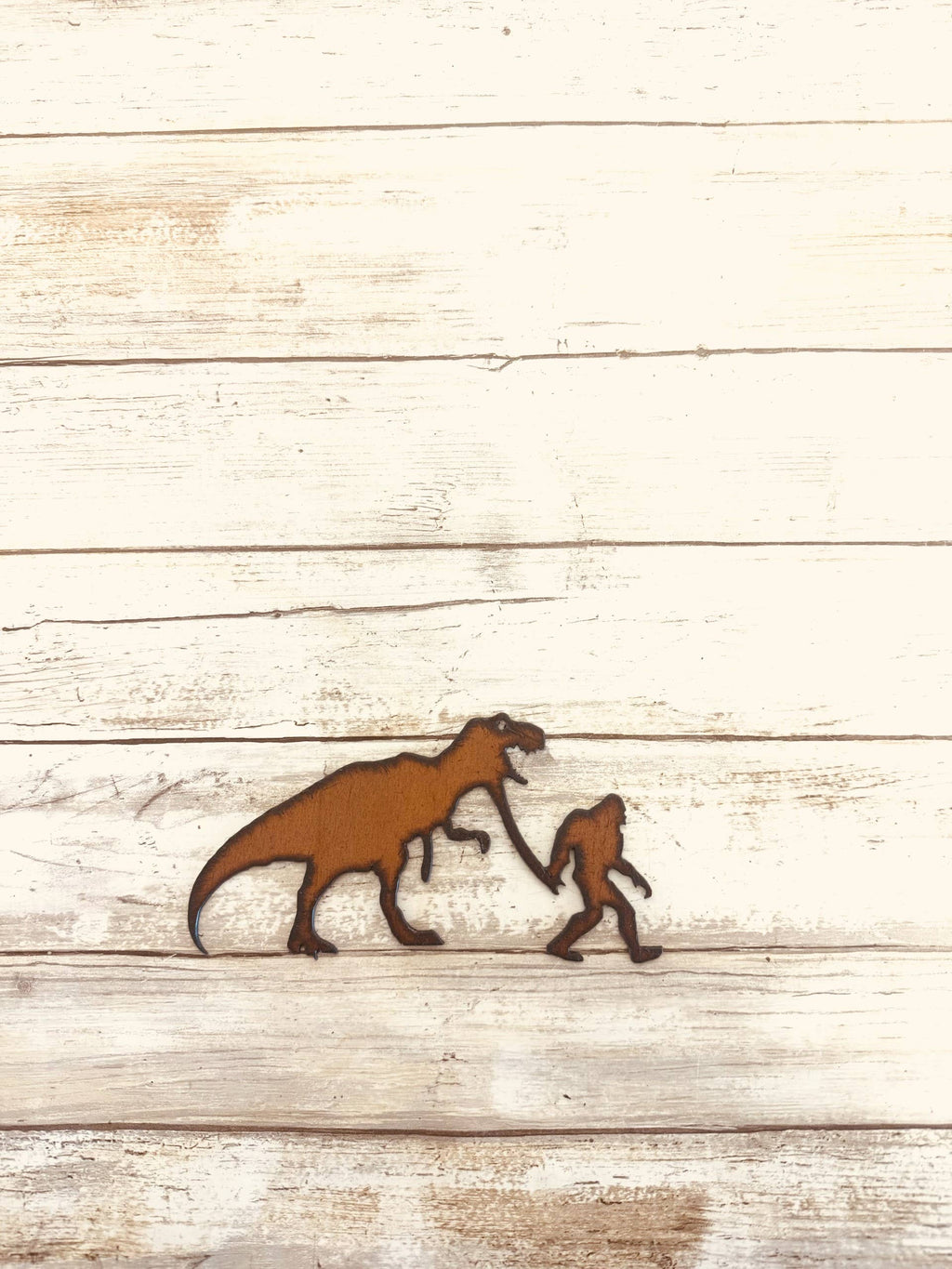 Bigfoot & T-Rex Rustic Metal Magnet