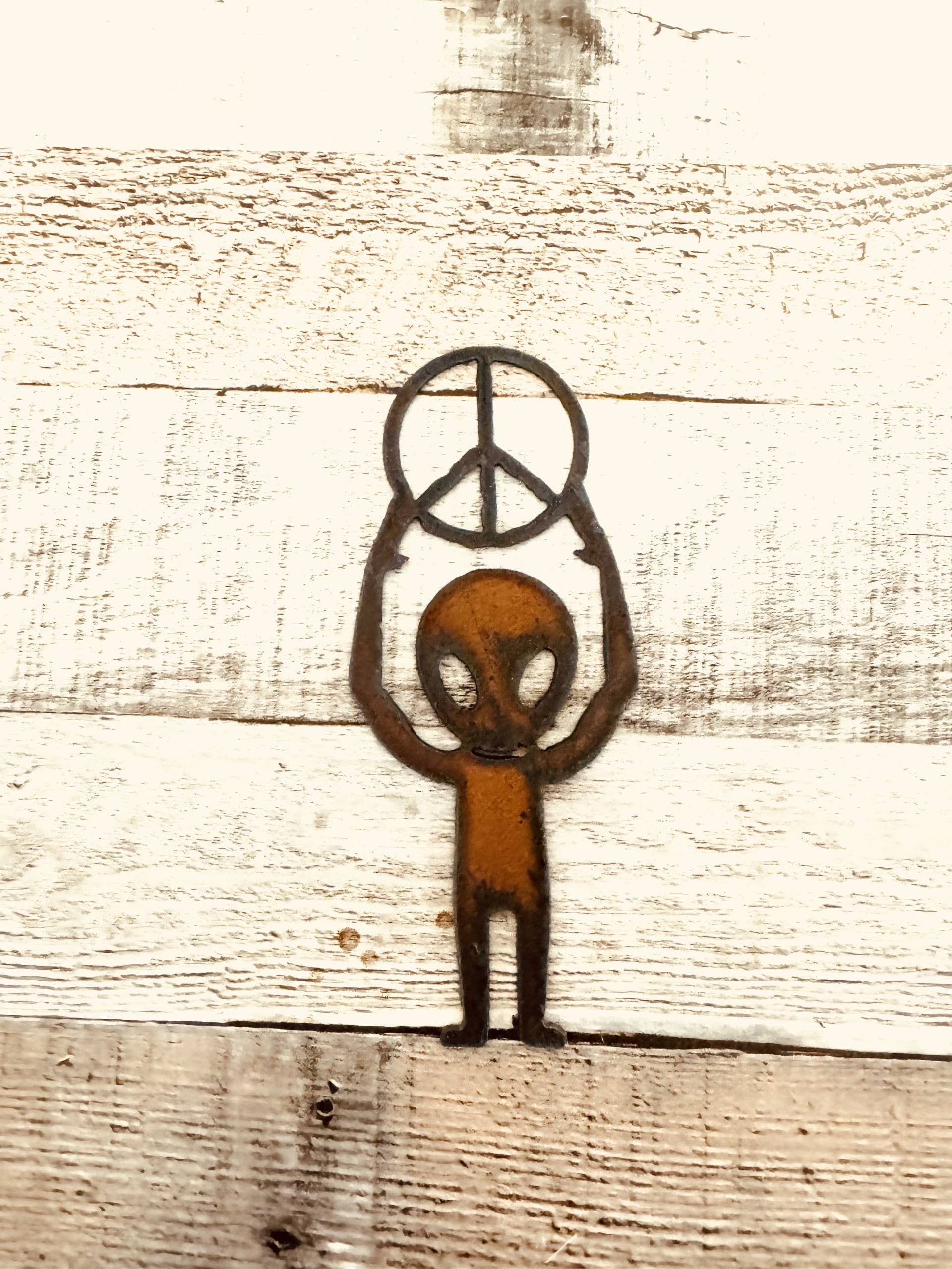 Peace Sign Alien Rustic Metal Magnet