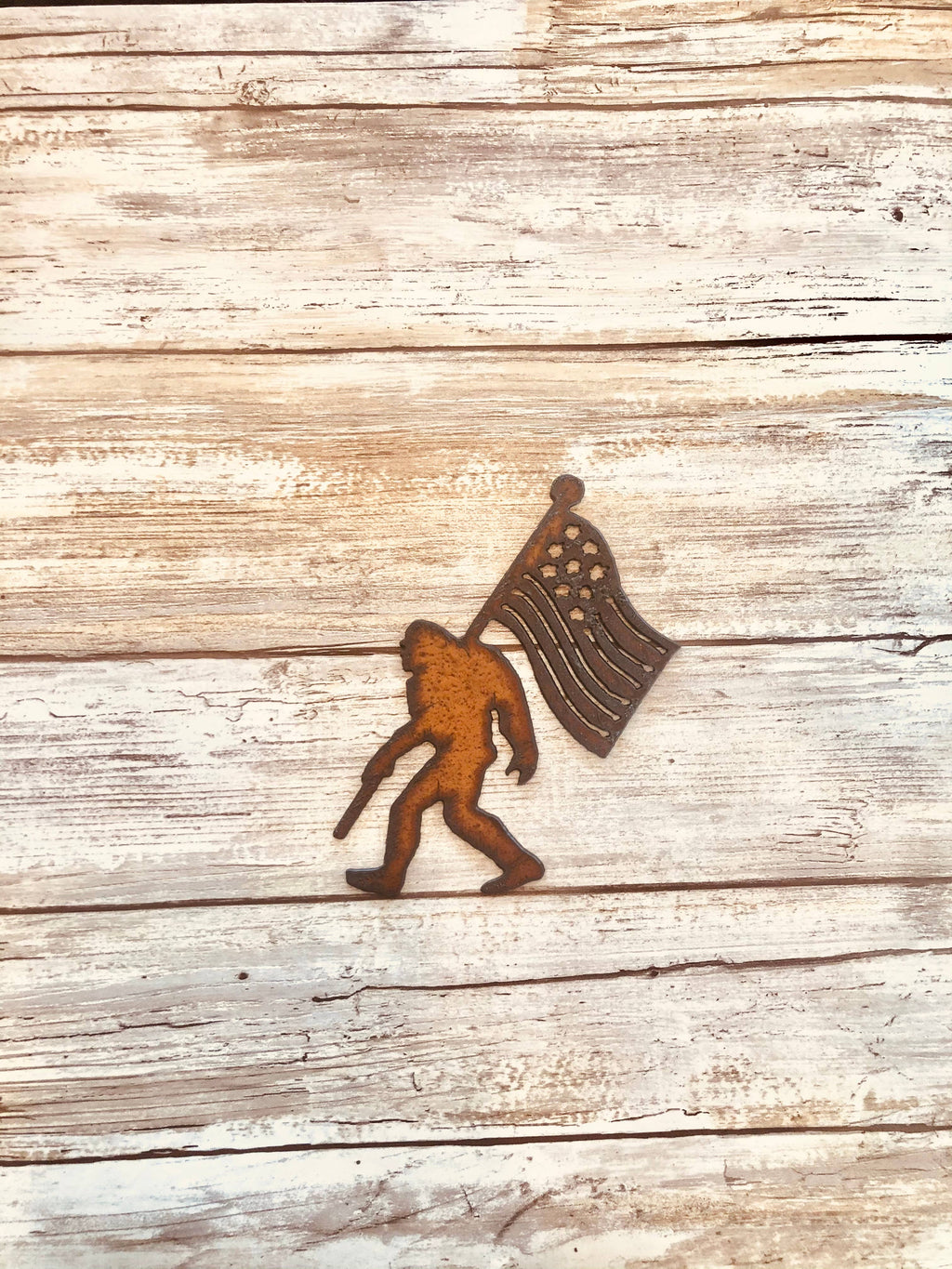 Patriotic Bigfoot Rustic Metal Magnet