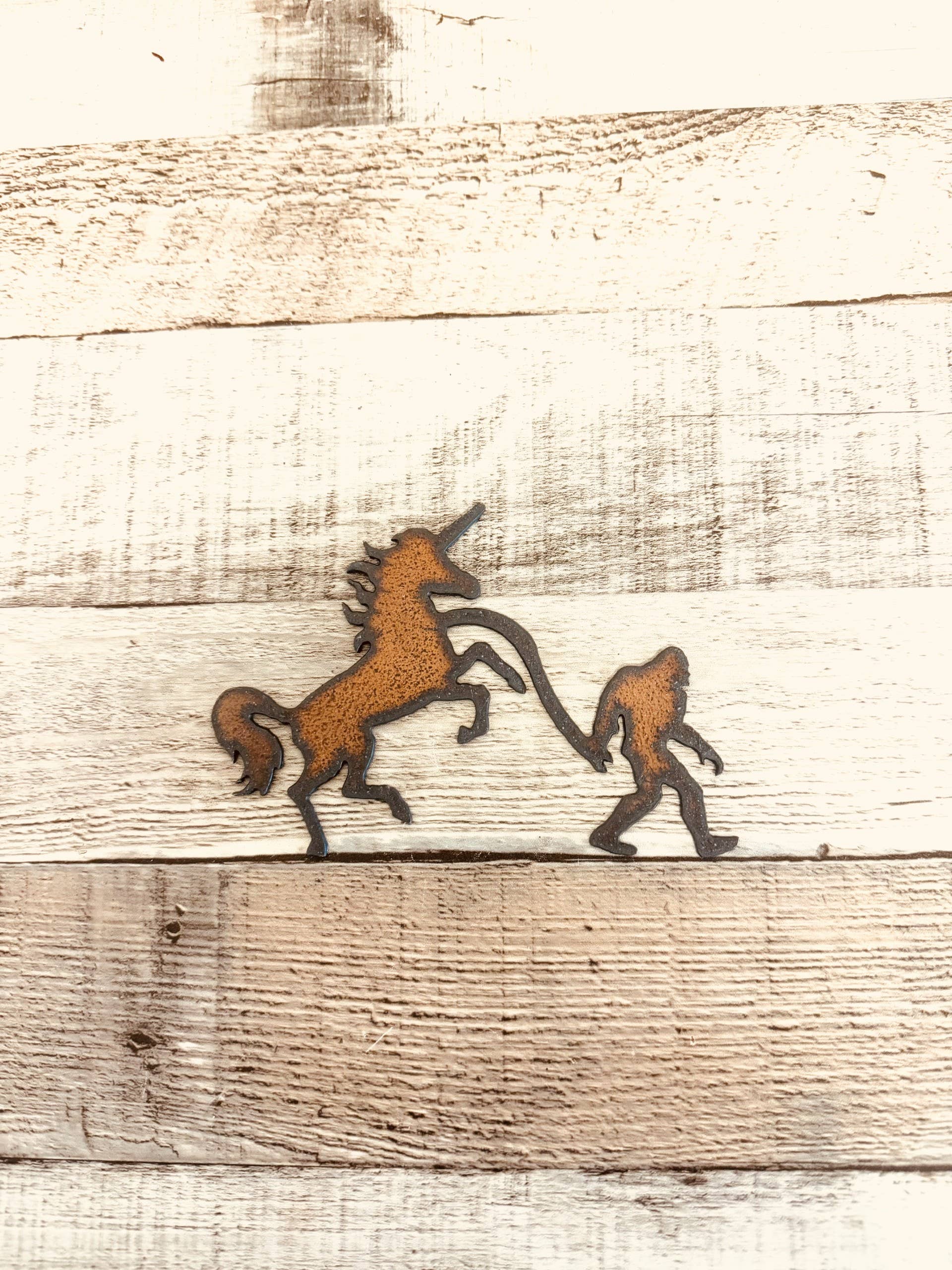 Bigfoot & Unicorn Rustic Metal Magnet