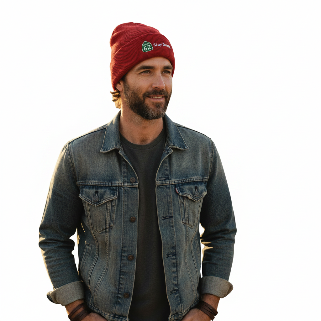 Guy wearing red Stay Dusty beanie white background